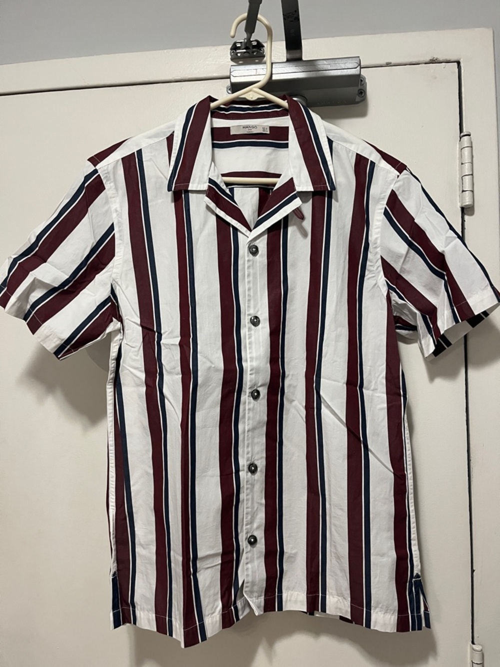 Mango Short-Sleeve Button-Down Shirt - White, Burgundy & Navy Stripes